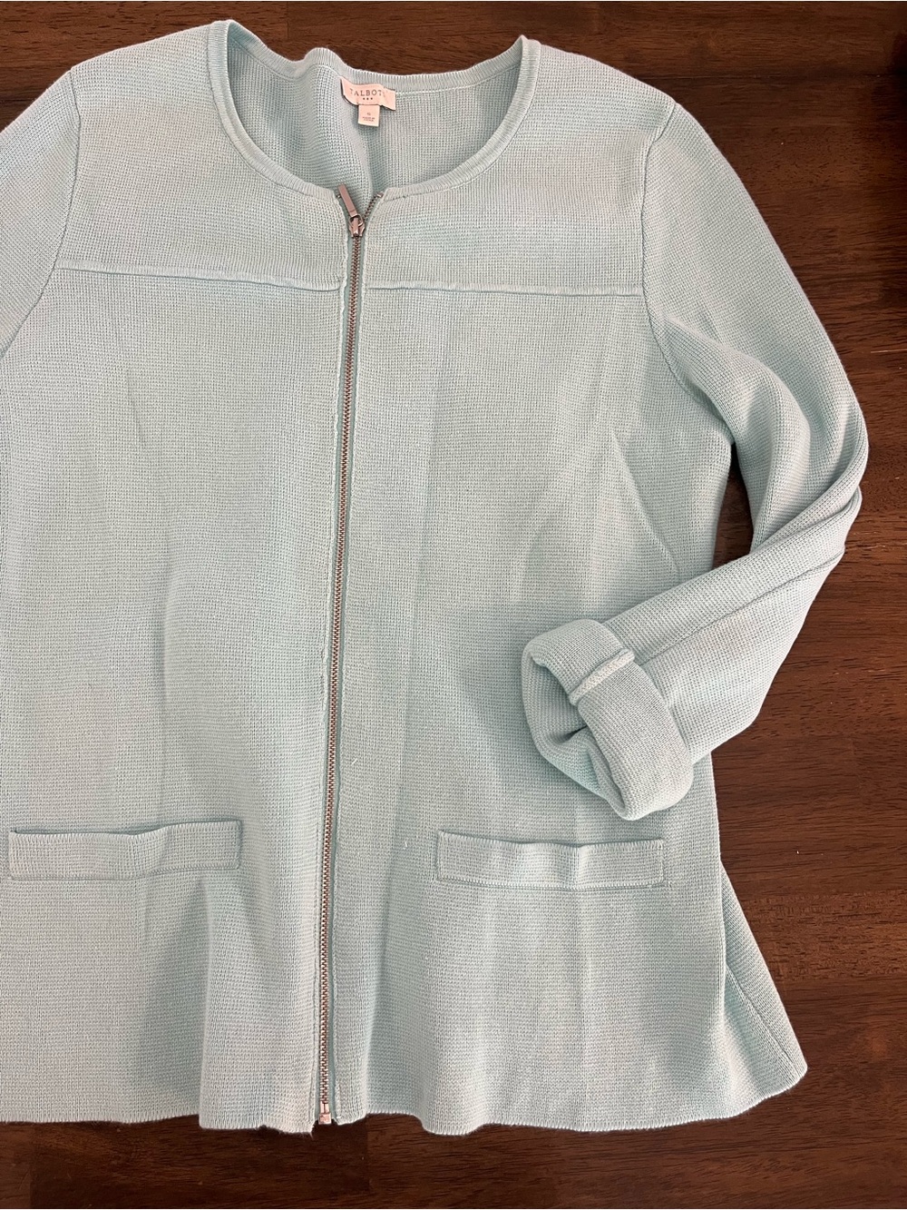 Talbots Pastel Blue Collarless Zip-Front Blazer Sweater 100% Cotton Small - Picture 4 of 6